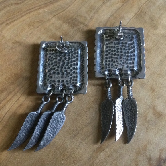 Signed Vintage Turquoise Silver Boho Feather Post Earrings - Picture 3 of 7
